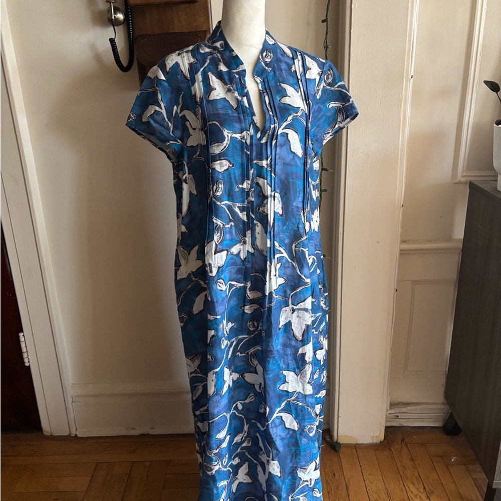 Peruvian Connection Linen Blue Floral-Print Shirt Dress, Size M